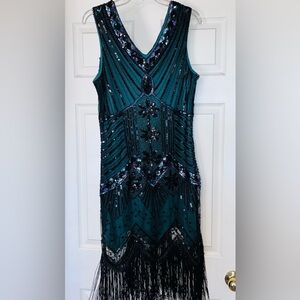 Dark Green 1920s Sequined Beaded Sleeveless Flapper Dress Lined Fringe Size M